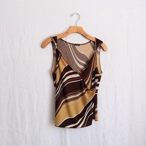 Vtg Y2K Brown Tan Swirl Abstract Print V Neck Tank Top M